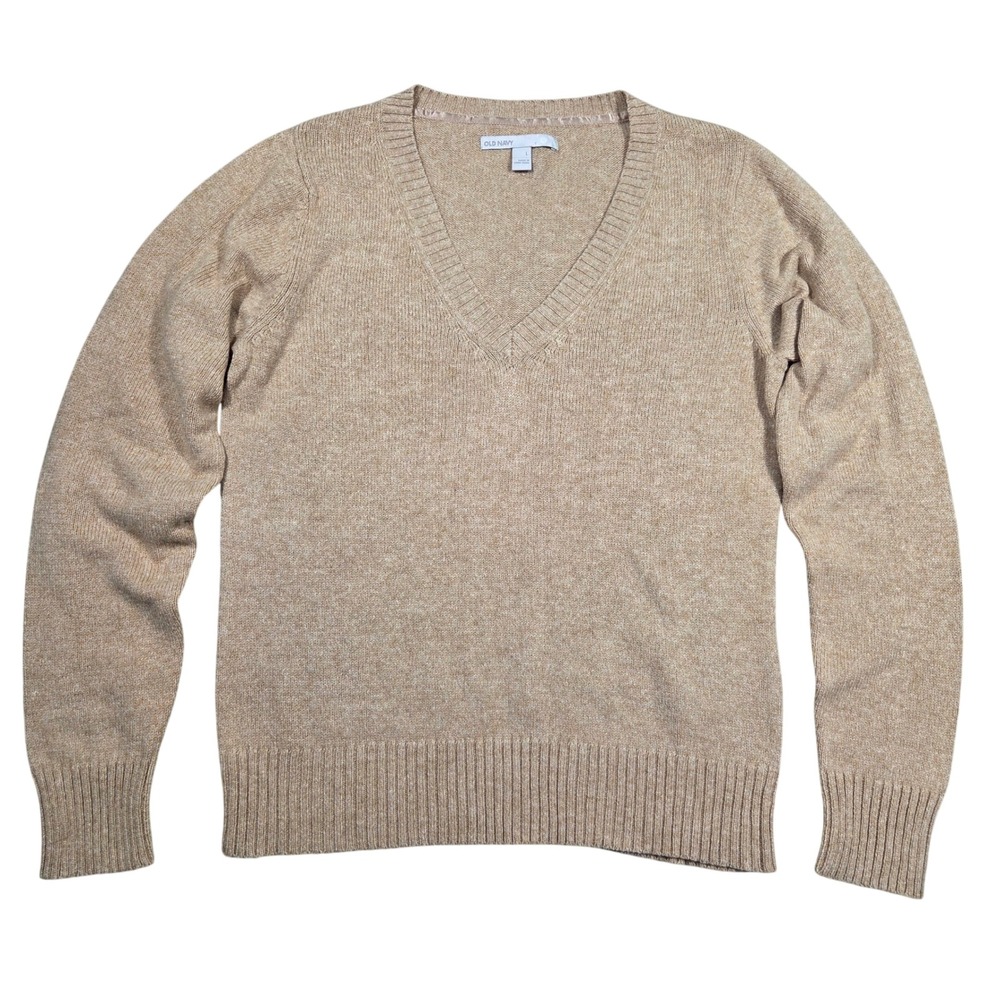 OLD NAVY Mens L Classic V Neck Sweater Tan Beige Lambswool Blend‎ Career Holiday